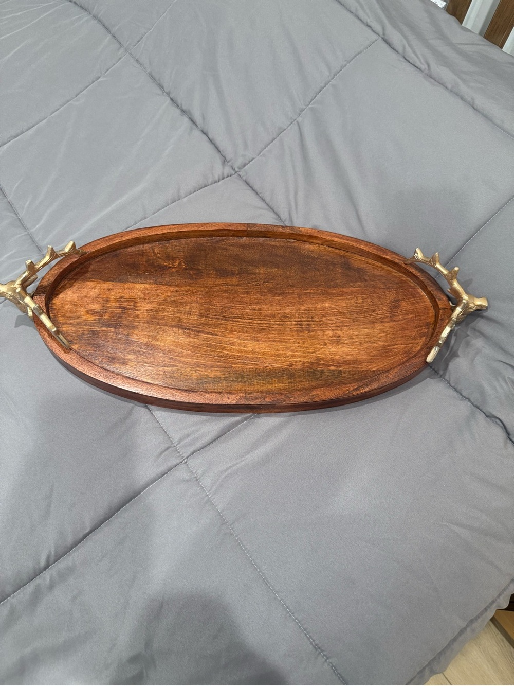 Wood Oval Serving Tray with Brass Handles - Brown